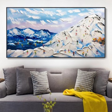 150の主題の芸術作品 Painting - 雪の山のスキーヤー ウォール アート スポーツ ホワイト スノー スキー ルーム デコレーション by Knife 14 テクスチャ